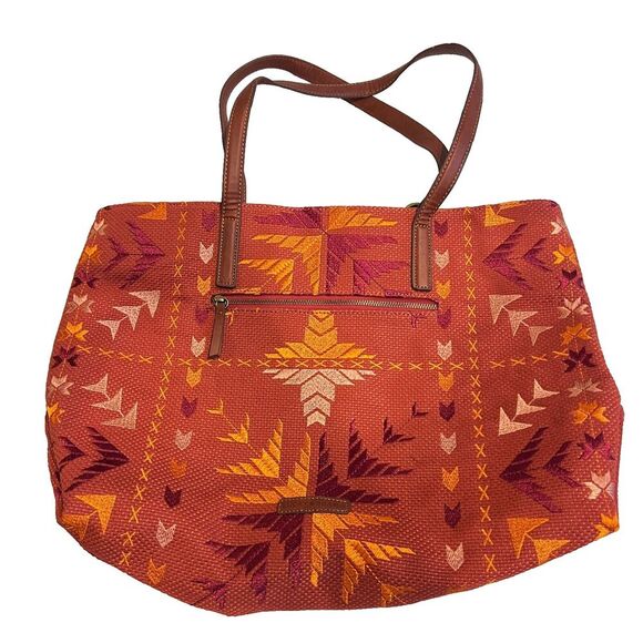 Lucky Brand Womens Red Orange Aztec Printed Tote Bag Zip Boho Western Southwest - Picture 1 of 15